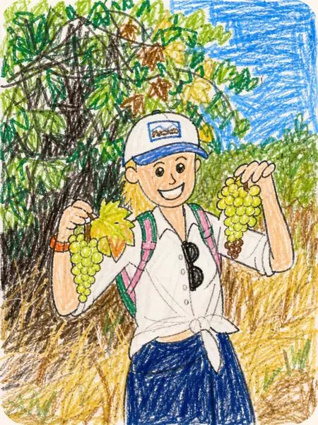 The same woman and grapes transformed into a colorful hand-drawn doodle