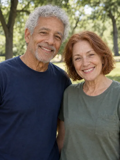Age Jump result showing the same two fictional adults with older facial features in the park