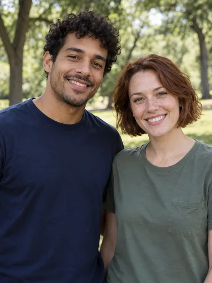AI-generated photo of two fictional adult friends smiling in a park, wearing navy and green shirts