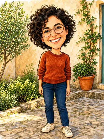 Caricature of the same fictional adult with a large head, smaller body, round glasses and rust-red sweater in the courtyard