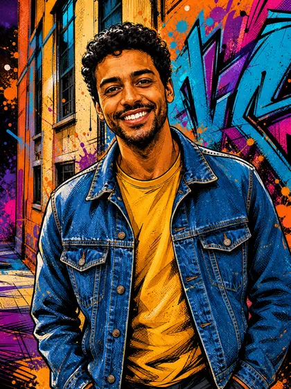 Graffiti-style portrait of the same fictional adult man in denim, with bold outlines and orange, turquoise and purple paint across the scene