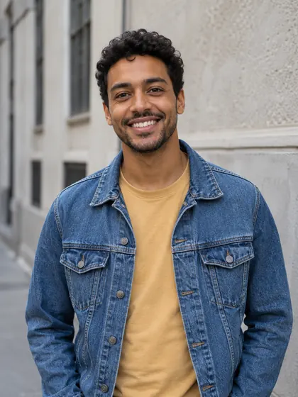 AI-generated portrait of a fictional adult man with curly hair, a denim jacket and an ochre shirt beside a stone building